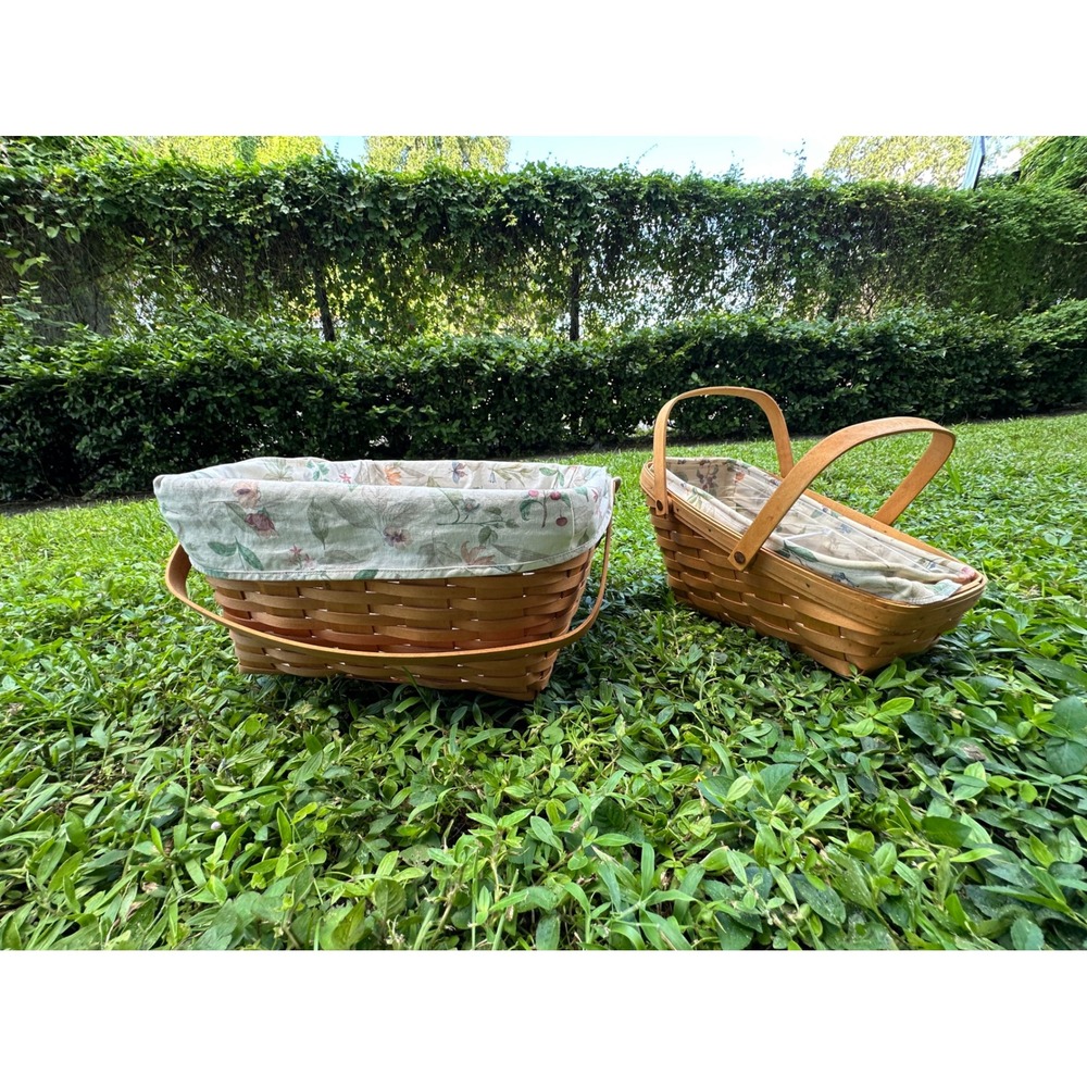 Longaberger Handwoven Baskets Set of 2 Floral Liner Dresden Ohio Farmhouse Decor